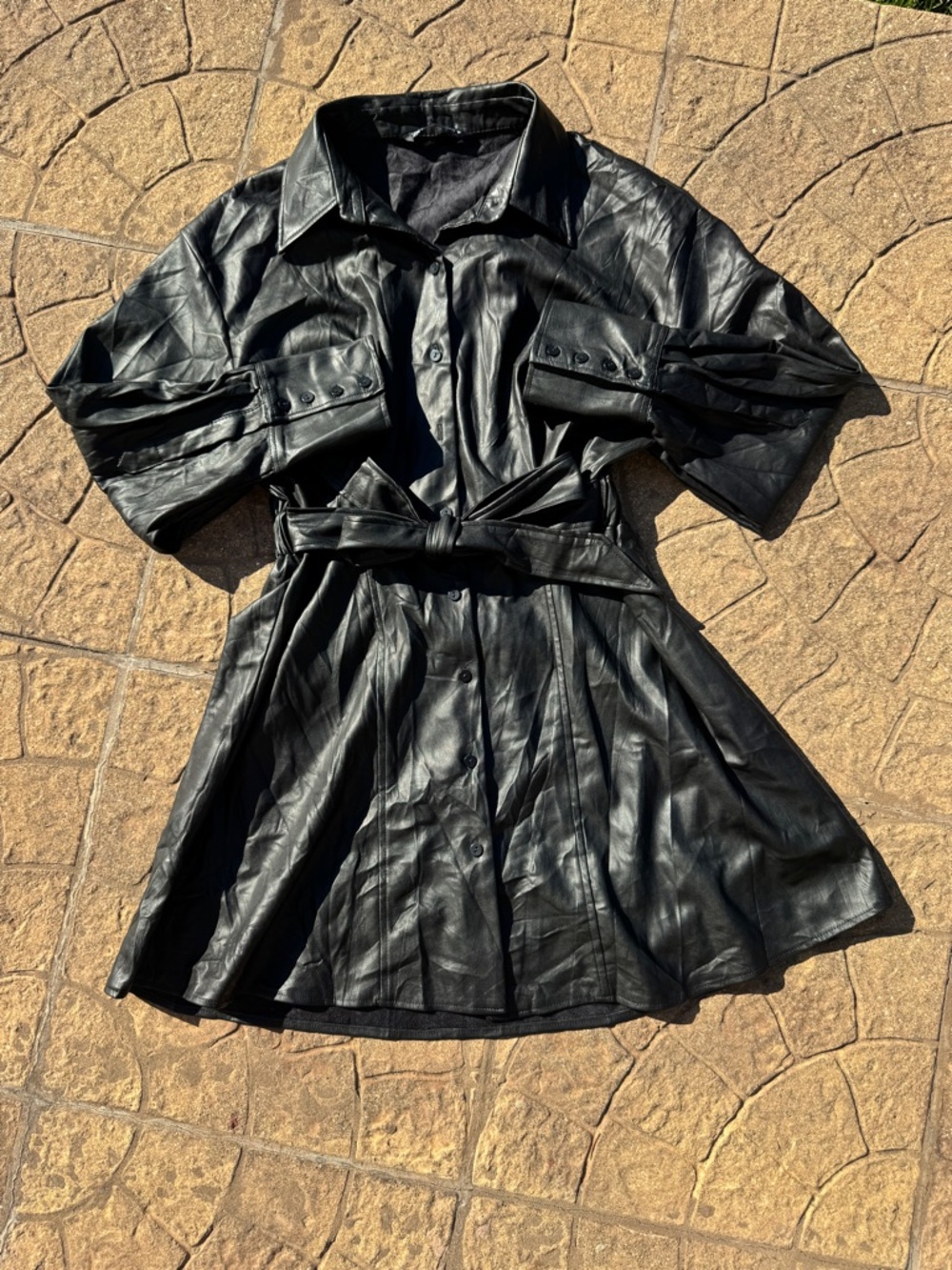 Ara Black Faux Leather Belted Trench Shirt Jacket